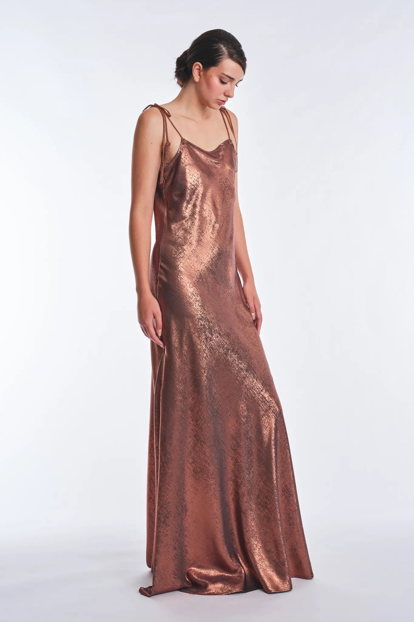 Zahara Metallic Crochet-Tie Maxi Dress | Copper