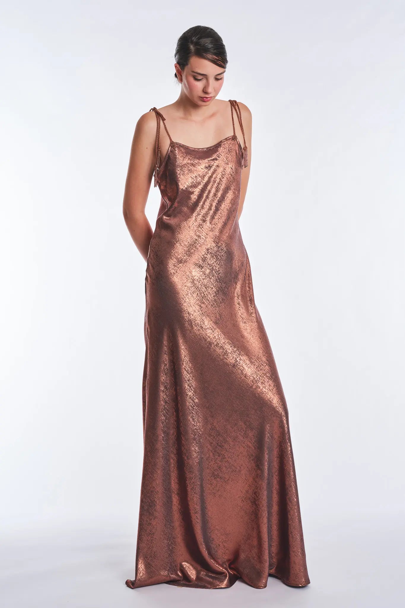 Zahara Metallic Crochet-Tie Maxi Dress | Copper