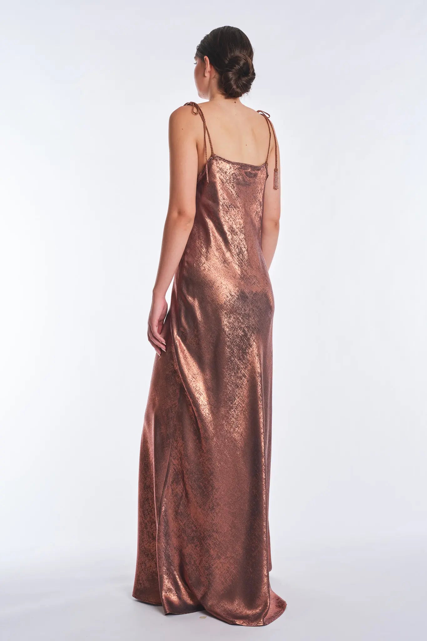 Zahara Metallic Crochet-Tie Maxi Dress | Copper