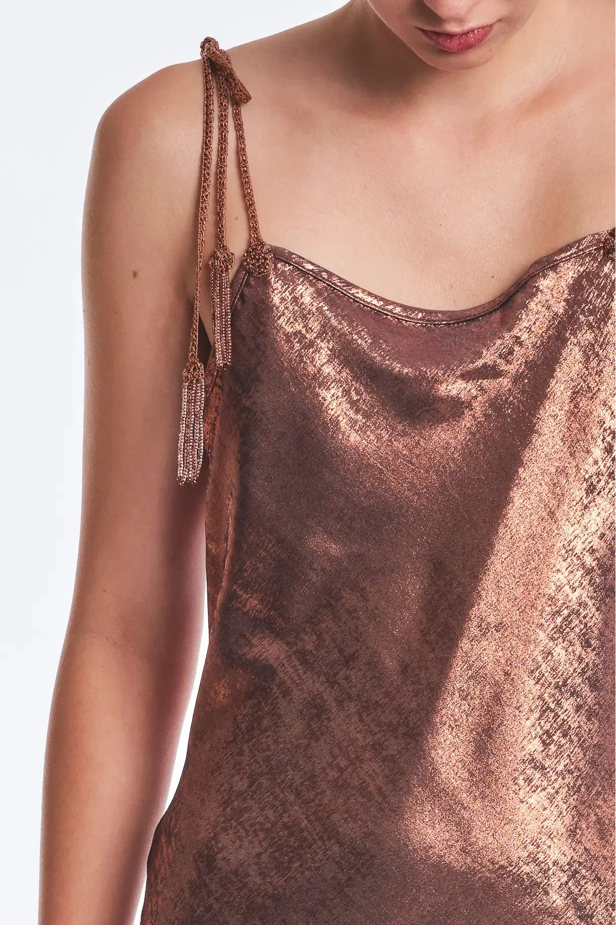 Zahara Metallic Crochet-Tie Maxi Dress | Copper