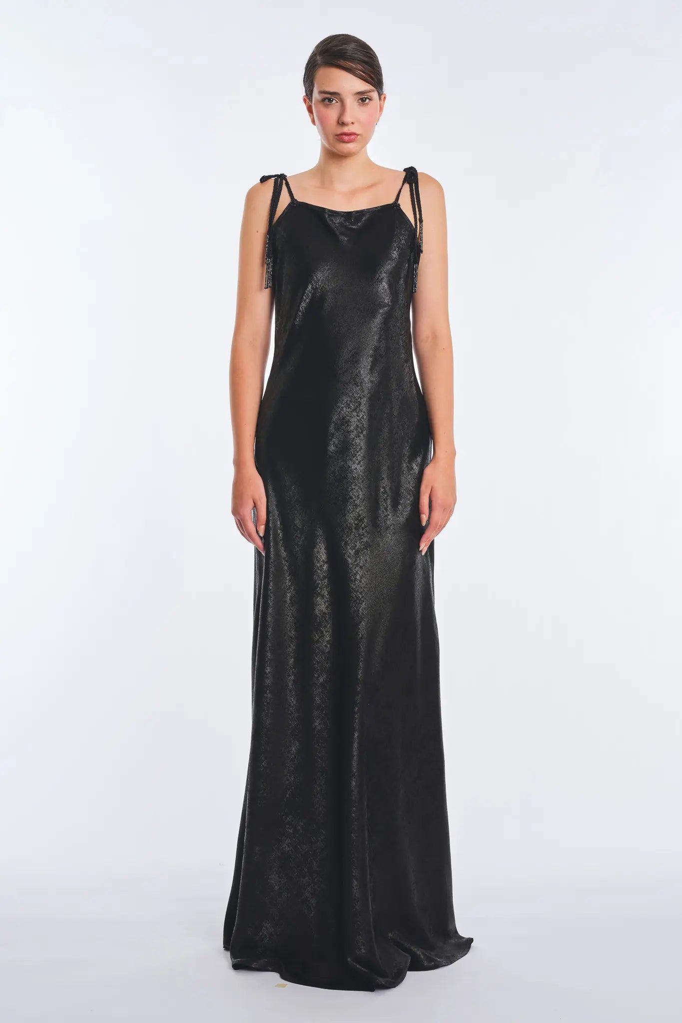 Zahara Metallic Crochet-Tie Maxi Dress | Black