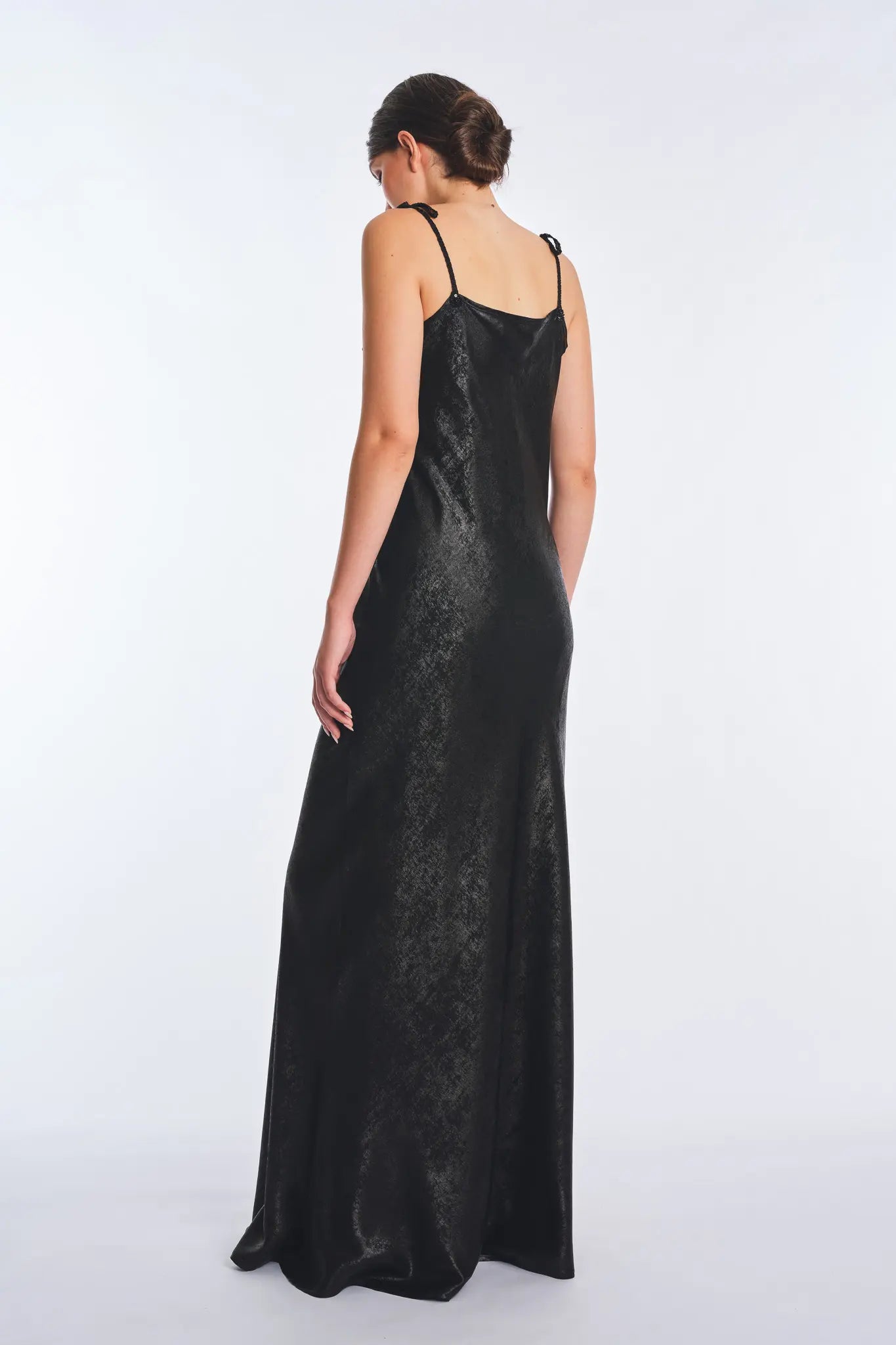 Zahara Metallic Crochet-Tie Maxi Dress | Black