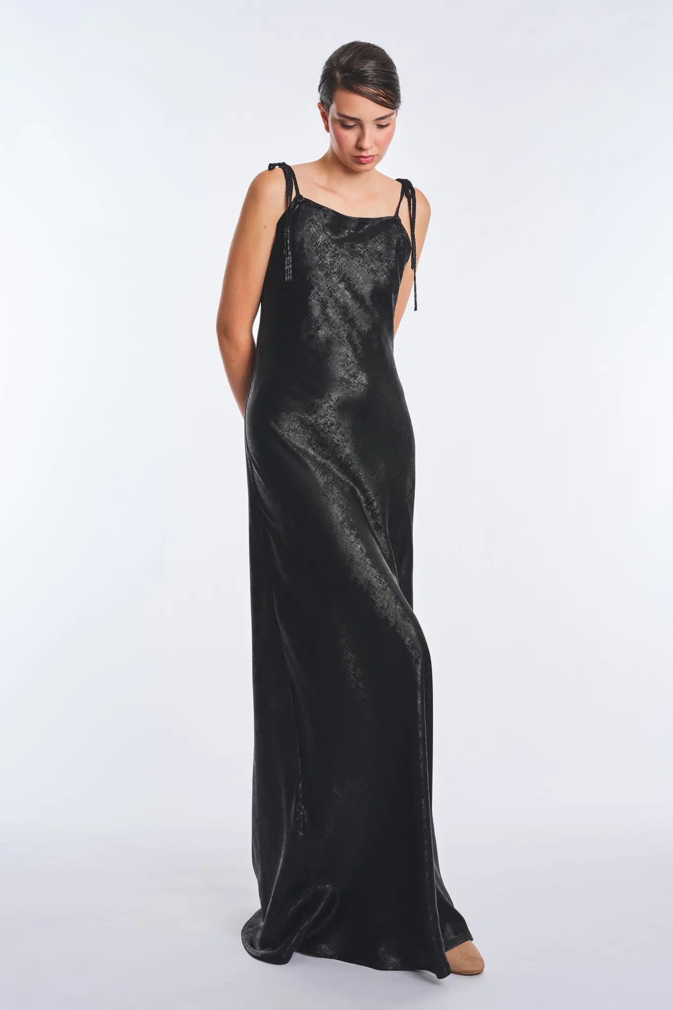 Zahara Metallic Crochet-Tie Maxi Dress | Black