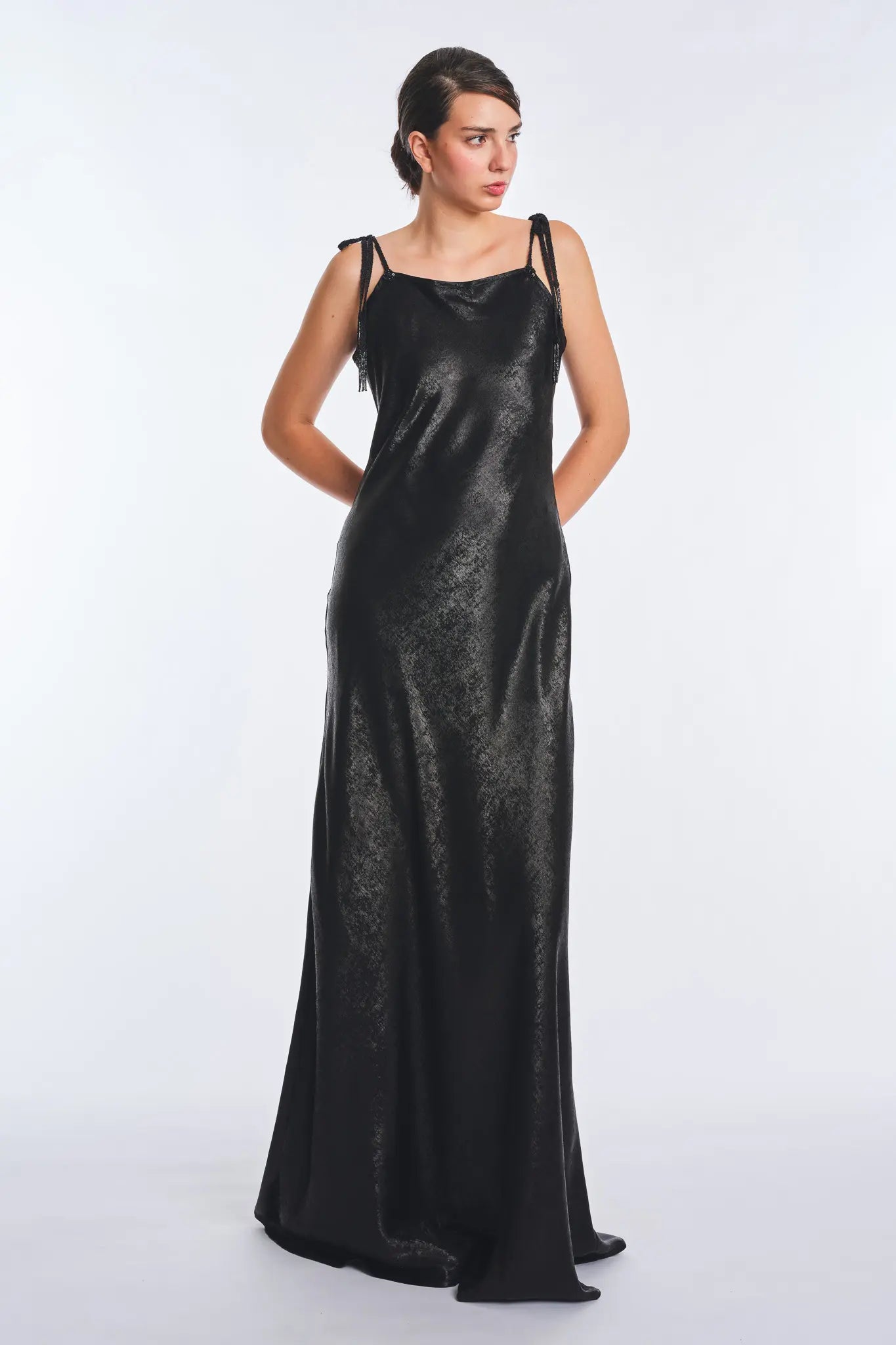 Zahara Metallic Crochet-Tie Maxi Dress | Black