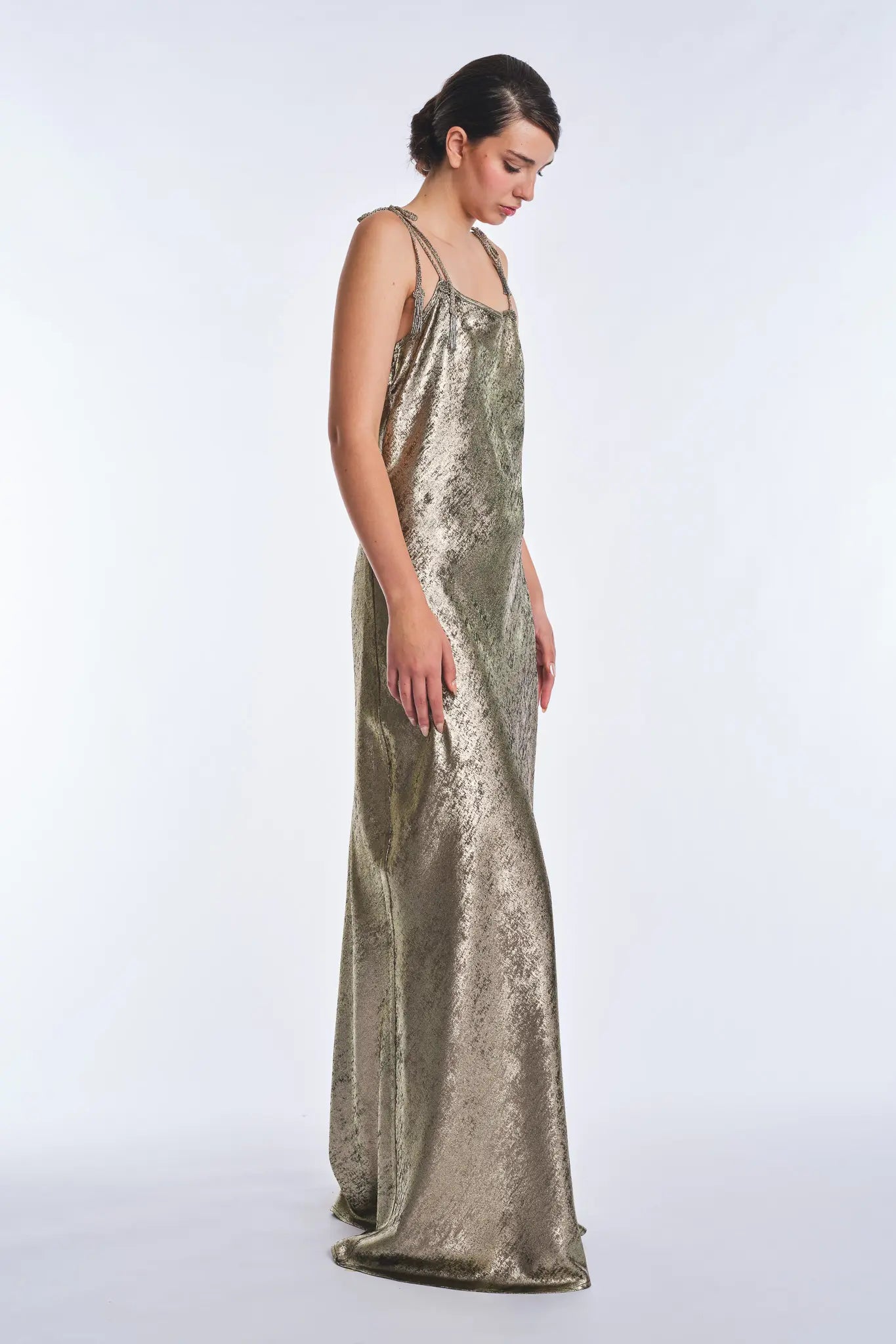 Zahara Metallic Crochet-Tie Maxi Dress | Bronze