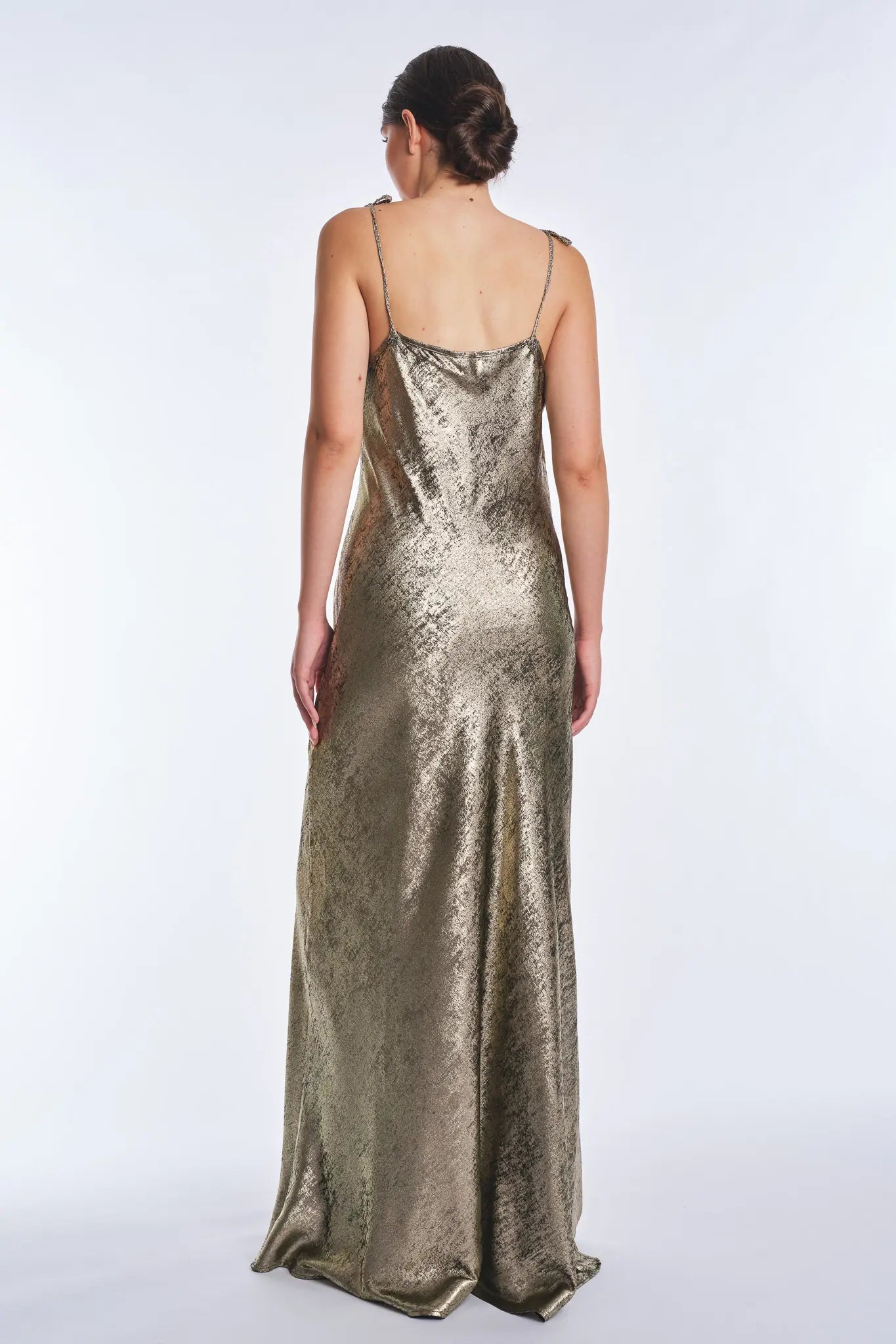 Zahara Metallic Crochet-Tie Maxi Dress | Bronze