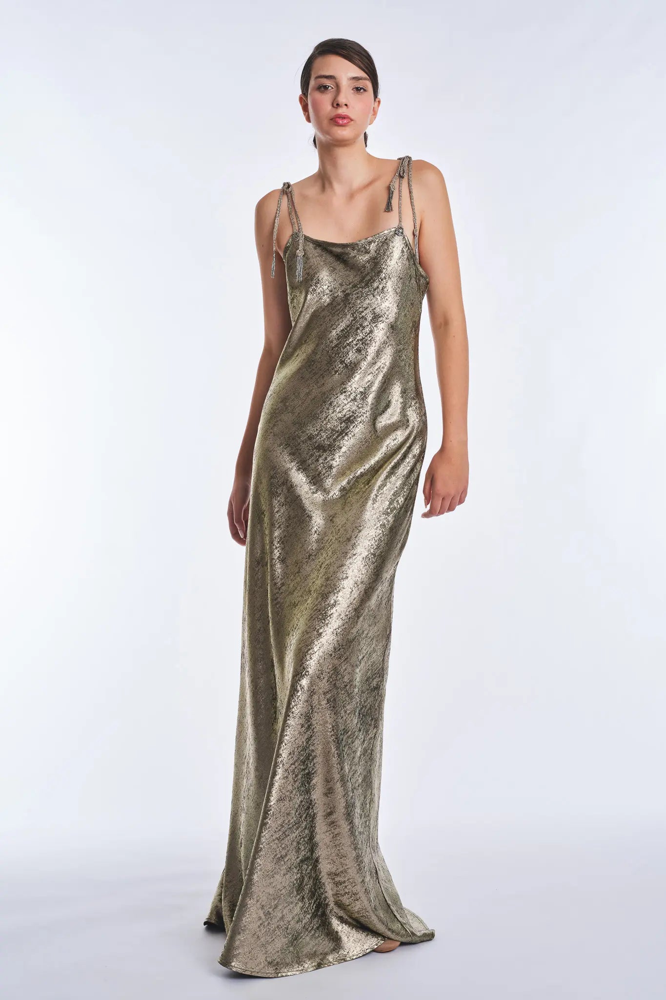 Zahara Metallic Crochet-Tie Maxi Dress | Bronze